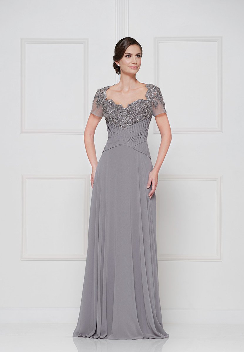 Rina Di Montella - RD2649 Short Sleeve Beaded Empire Chiffon Gown In Silver and Gray