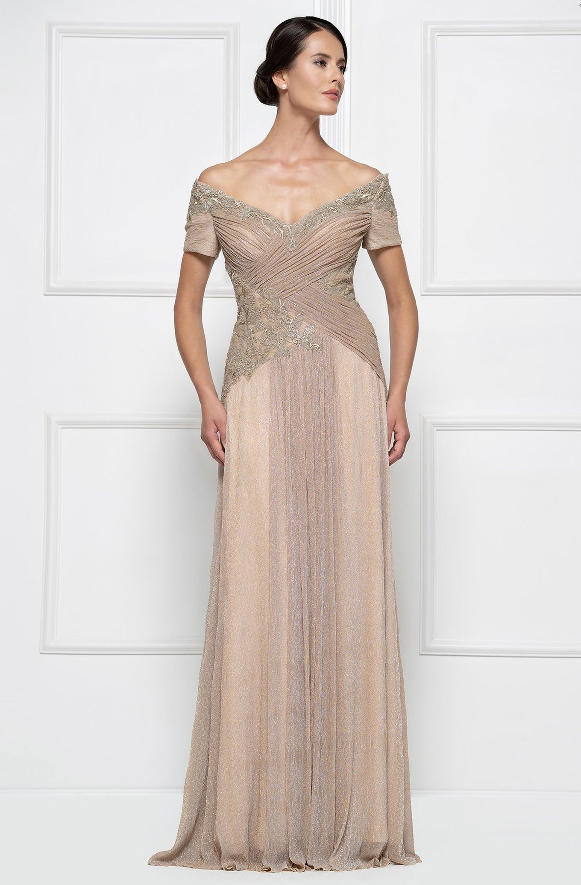 Rina Di Montella - RD2674 V Neck Off-Shoulder Metallic Mesh A-Line Gown In Gold