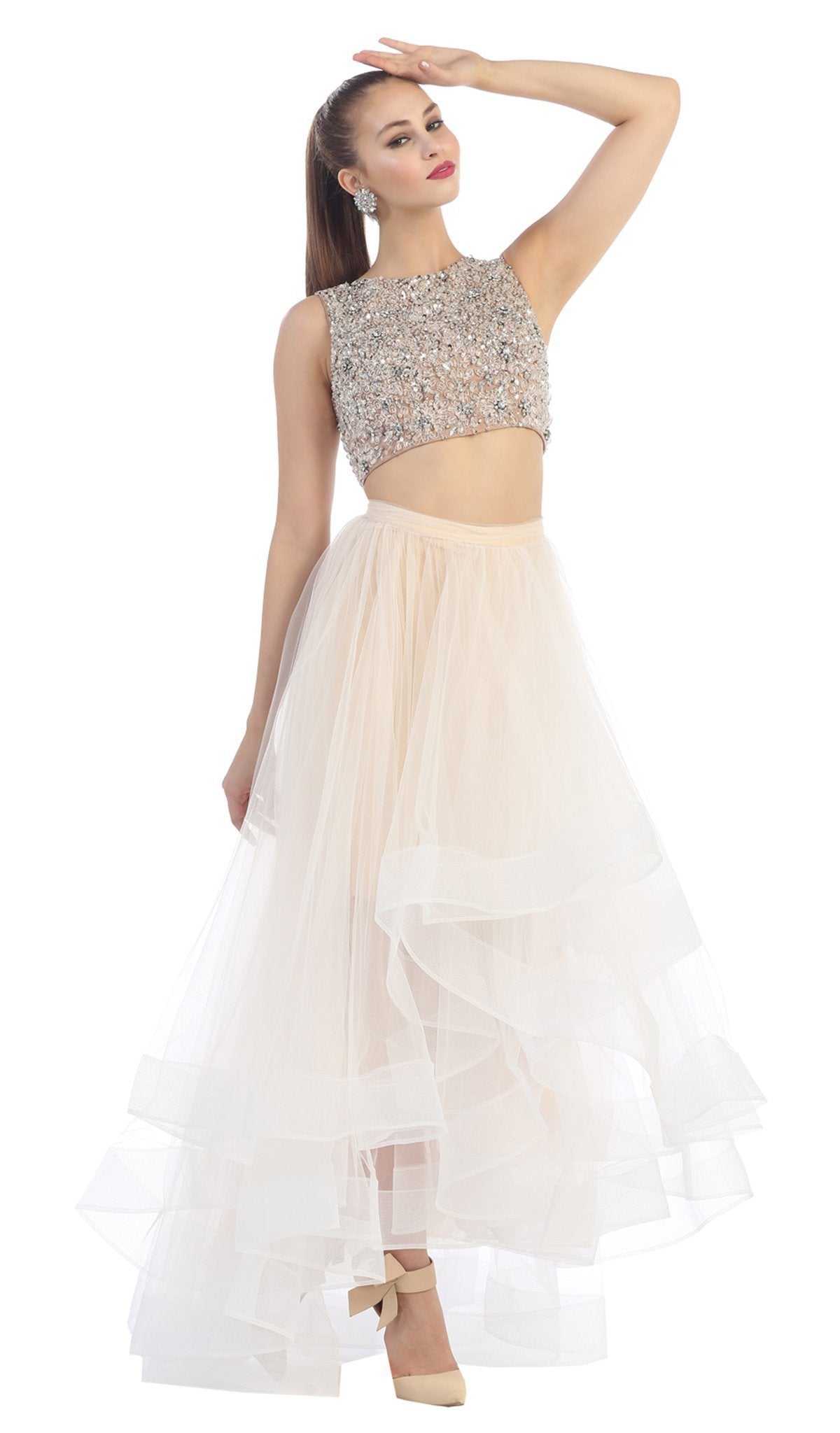 May Queen - Sleeveless Two-Piece Beaded Top Hi-low Evening Dress in Ivory and Nude