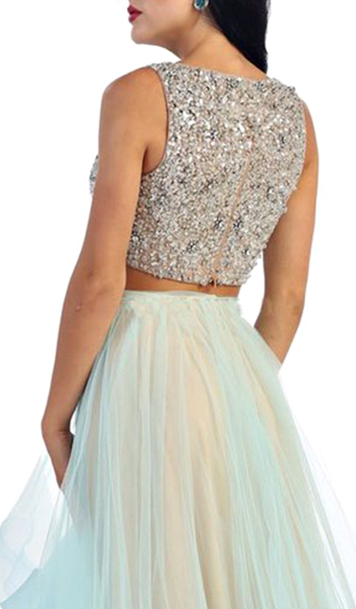 May Queen - Sleeveless Two-Piece Beaded Top Hi-low Evening Dress in Blue