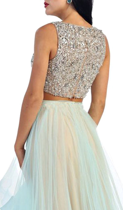 May Queen - Sleeveless Two-Piece Beaded Top Hi-low Evening Dress in Blue