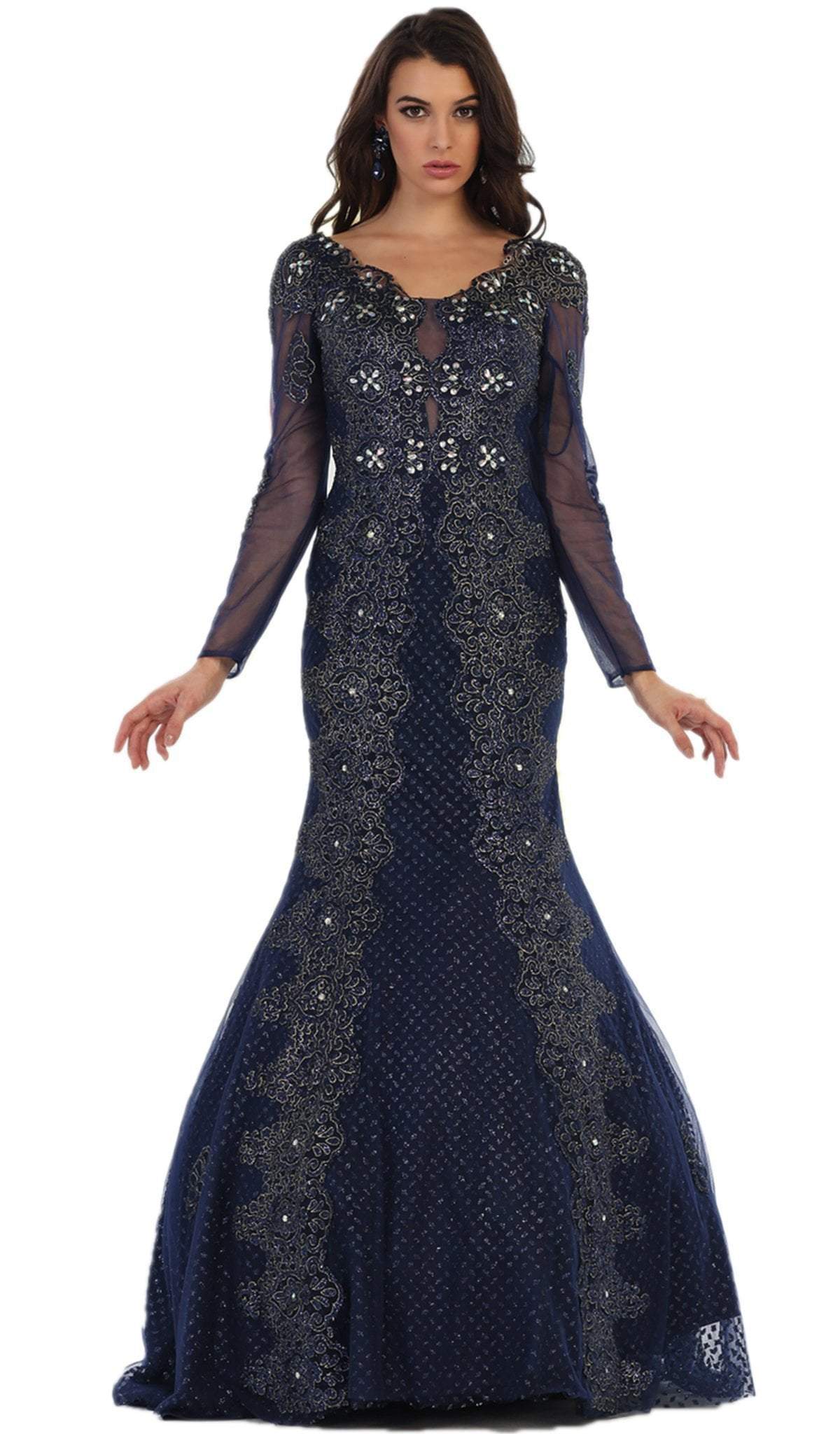 May Queen - Sheer Long Sleeve Rhinestone Embellished Evening Dress in Blue