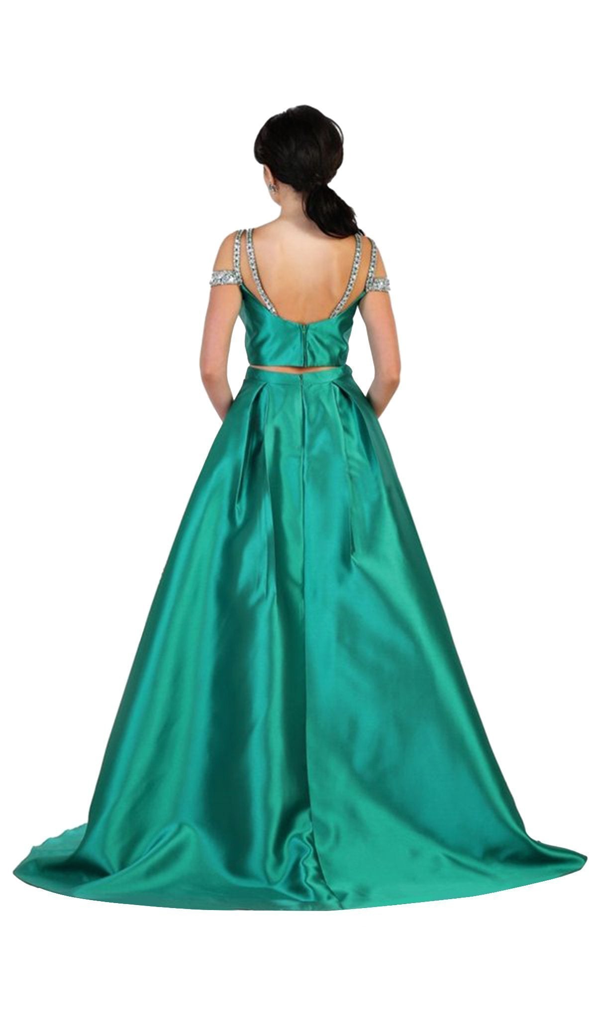 May Queen - RQ7506 Two Piece Satin Evening Dress In Green