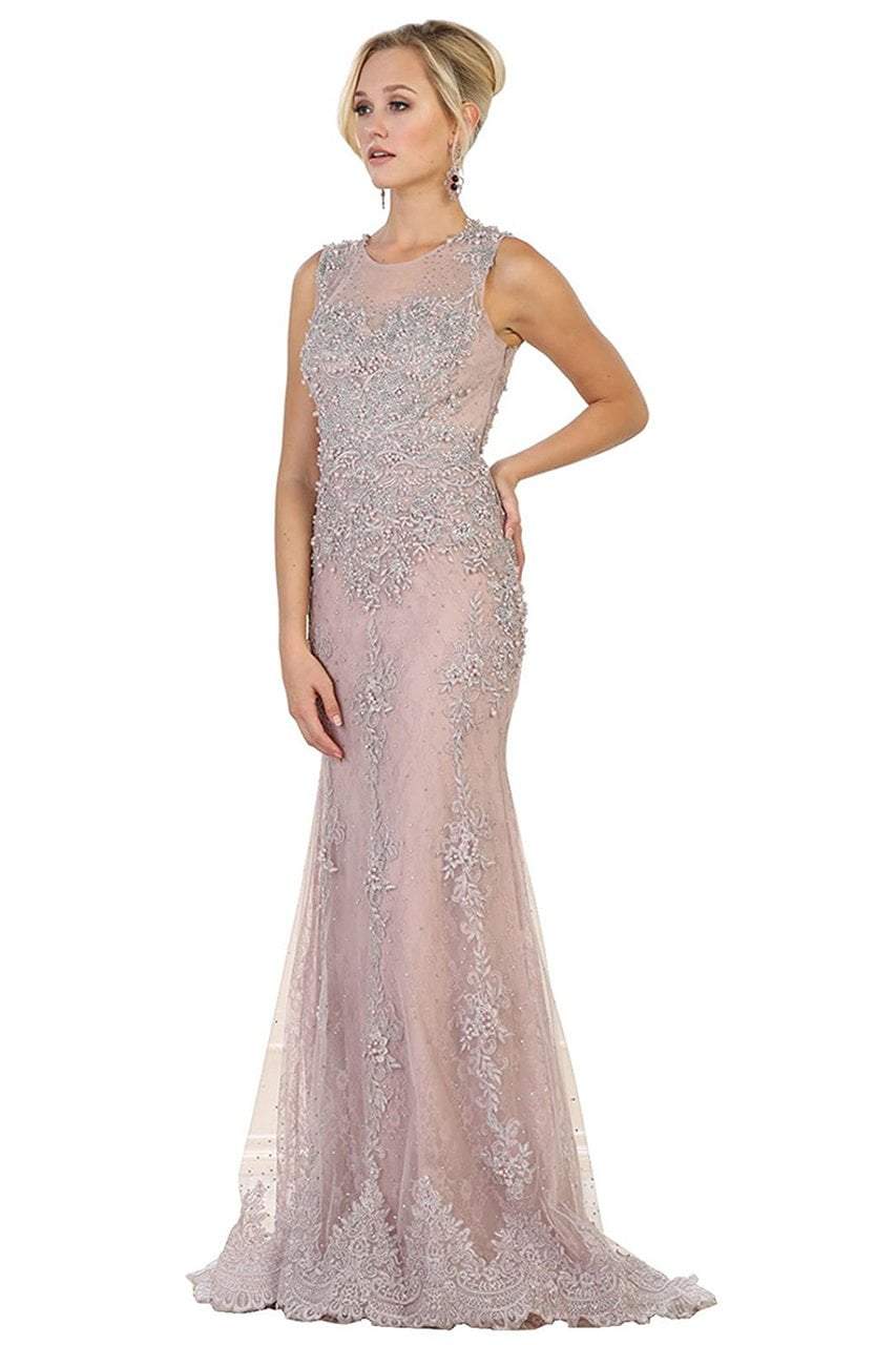 May Queen - RQ7551 Embellished Illusion Jewel Sheath Gown in Mauve