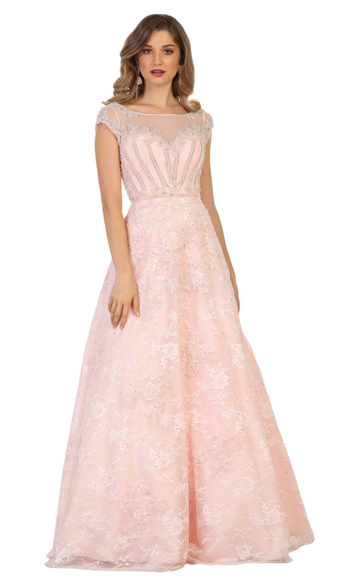 May Queen - RQ7612 Lace Applique Bateau A-line Dress In Pink