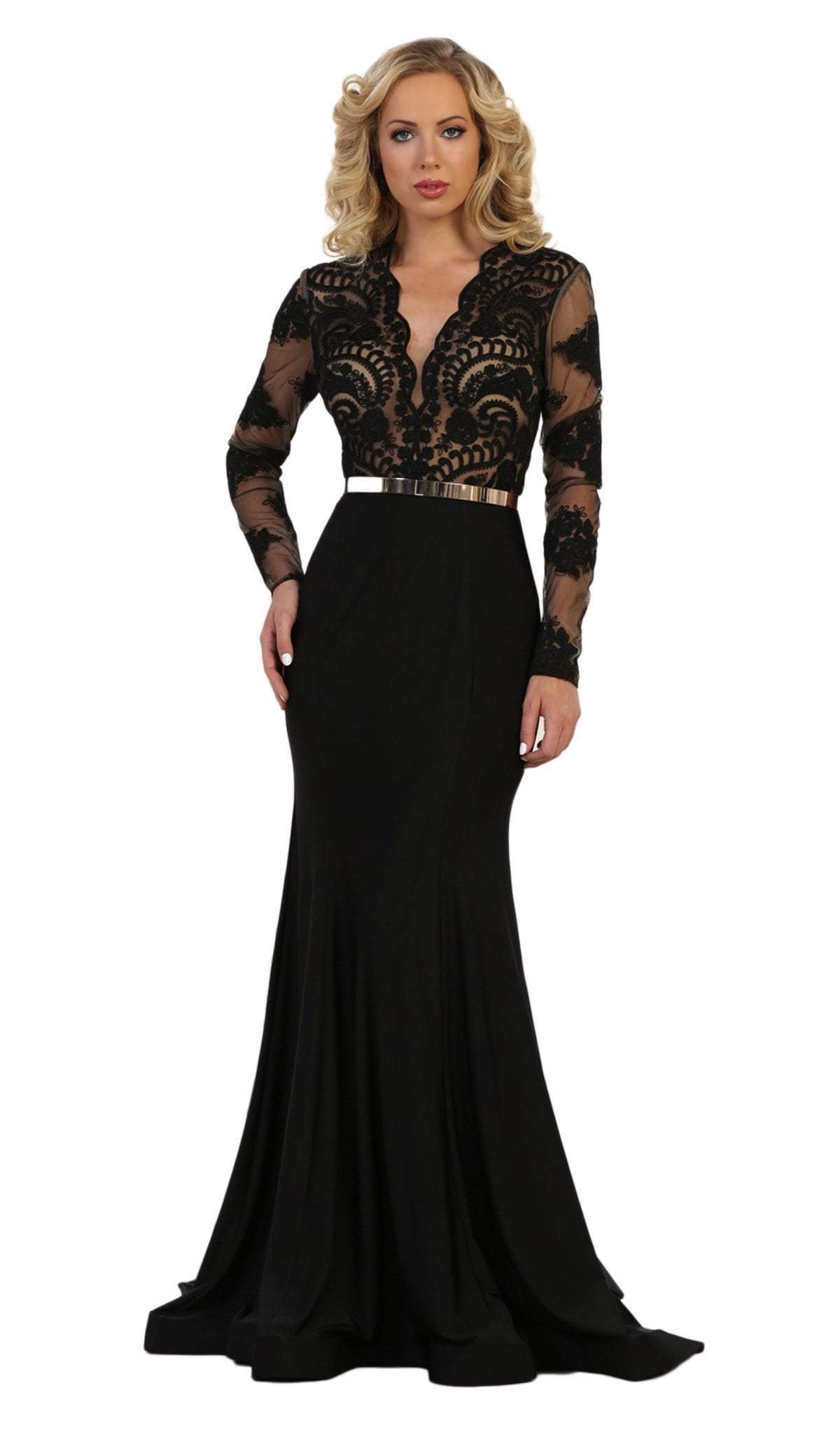 May Queen - Lace Bodice Scalloped V-Neck Trumpet Dress RQ7624 In Black