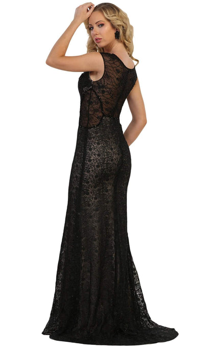 May Queen - RQ7628 Applique Cap Sleeve Bateau Trumpet Dress In Black and Nude