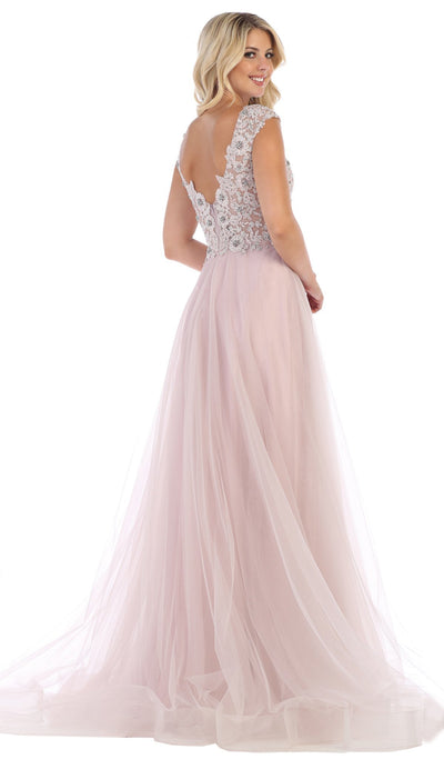 May Queen - RQ7645 Floral Applique Ornate Cap Sleeve Gown In Pink