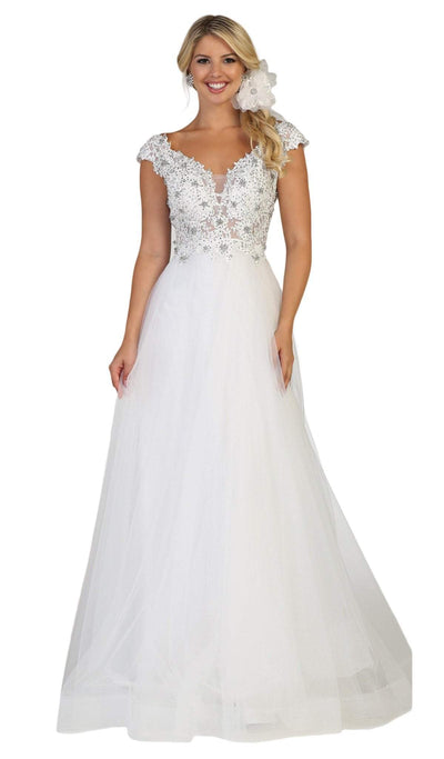 May Queen - RQ7645 Floral Applique Ornate Cap Sleeve Gown In White