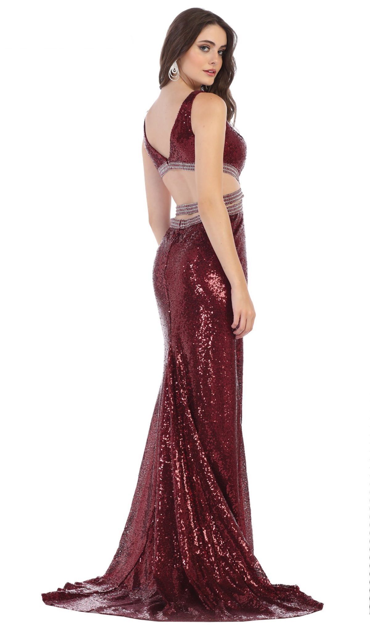 May Queen - RQ7648 Cutout Ornate Sequined High Slit Gown In Red