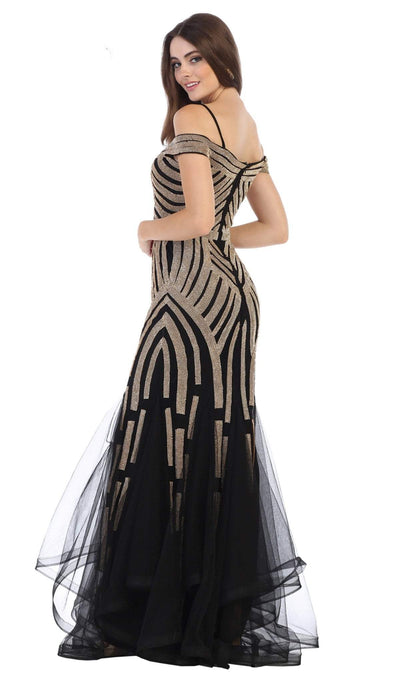 May Queen - RQ7651 Sequin Embellished Off-Shoulder Mermaid Gown In Black and Gold