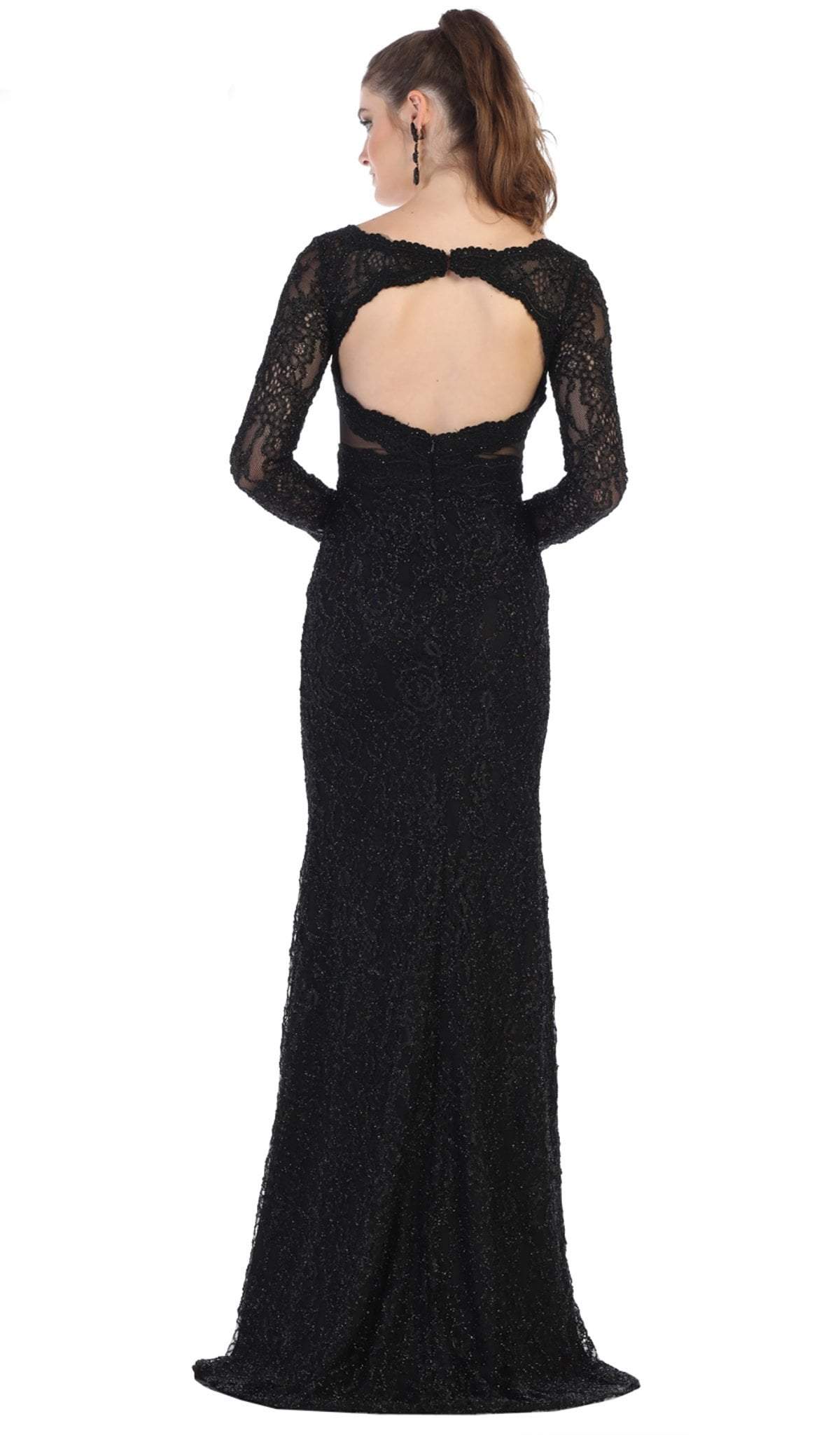 May Queen - RQ7657 Lace Plunging V Neck Evening Dress In Black