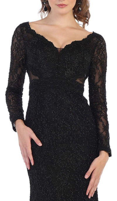 May Queen - RQ7657 Lace Plunging V Neck Evening Dress In Black