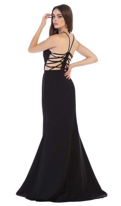 May Queen - RQ7660 Strappy Bejeweled Waist Halter Gown In Black