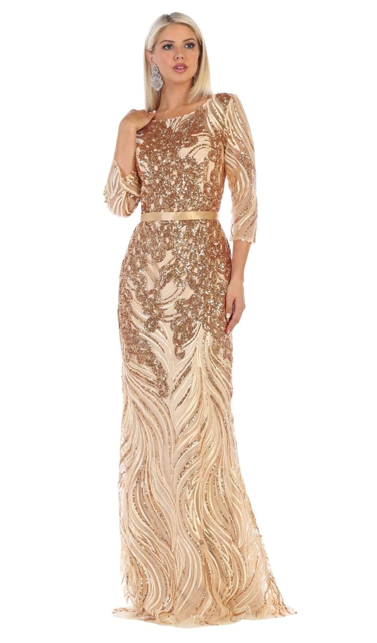 May Queen - RQ7686 Embellished Bateau Sheath Evening Dress In Gold and Nude