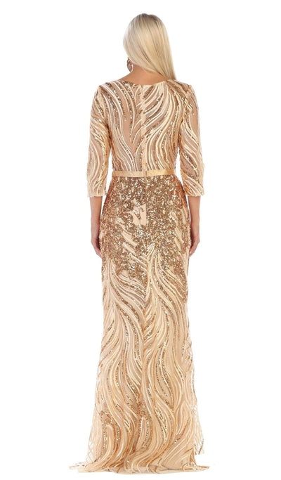 May Queen - RQ7686 Embellished Bateau Sheath Evening Dress In Gold and Nude