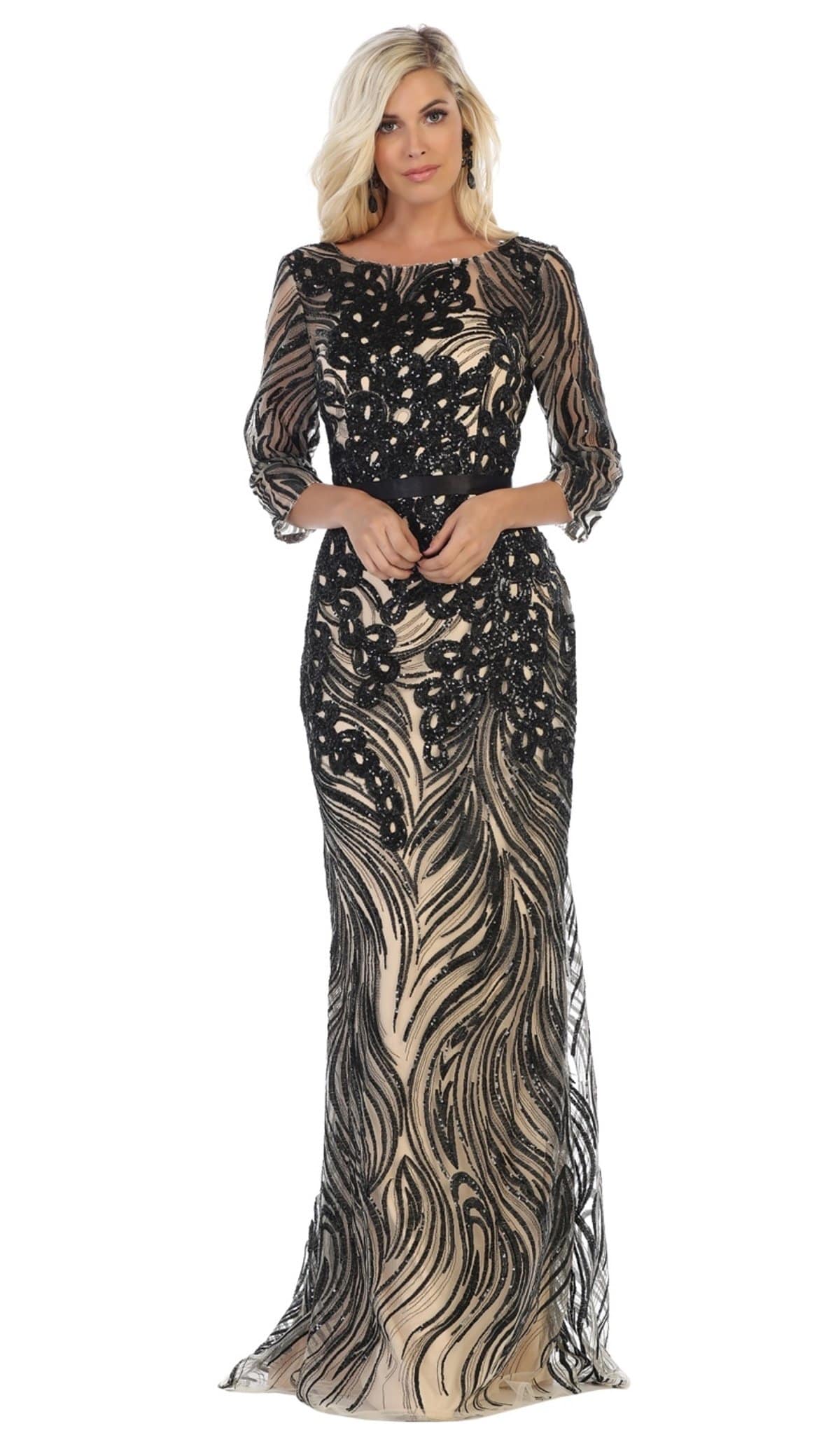 May Queen - RQ7686 Embellished Bateau Sheath Evening Dress In Black and Nude