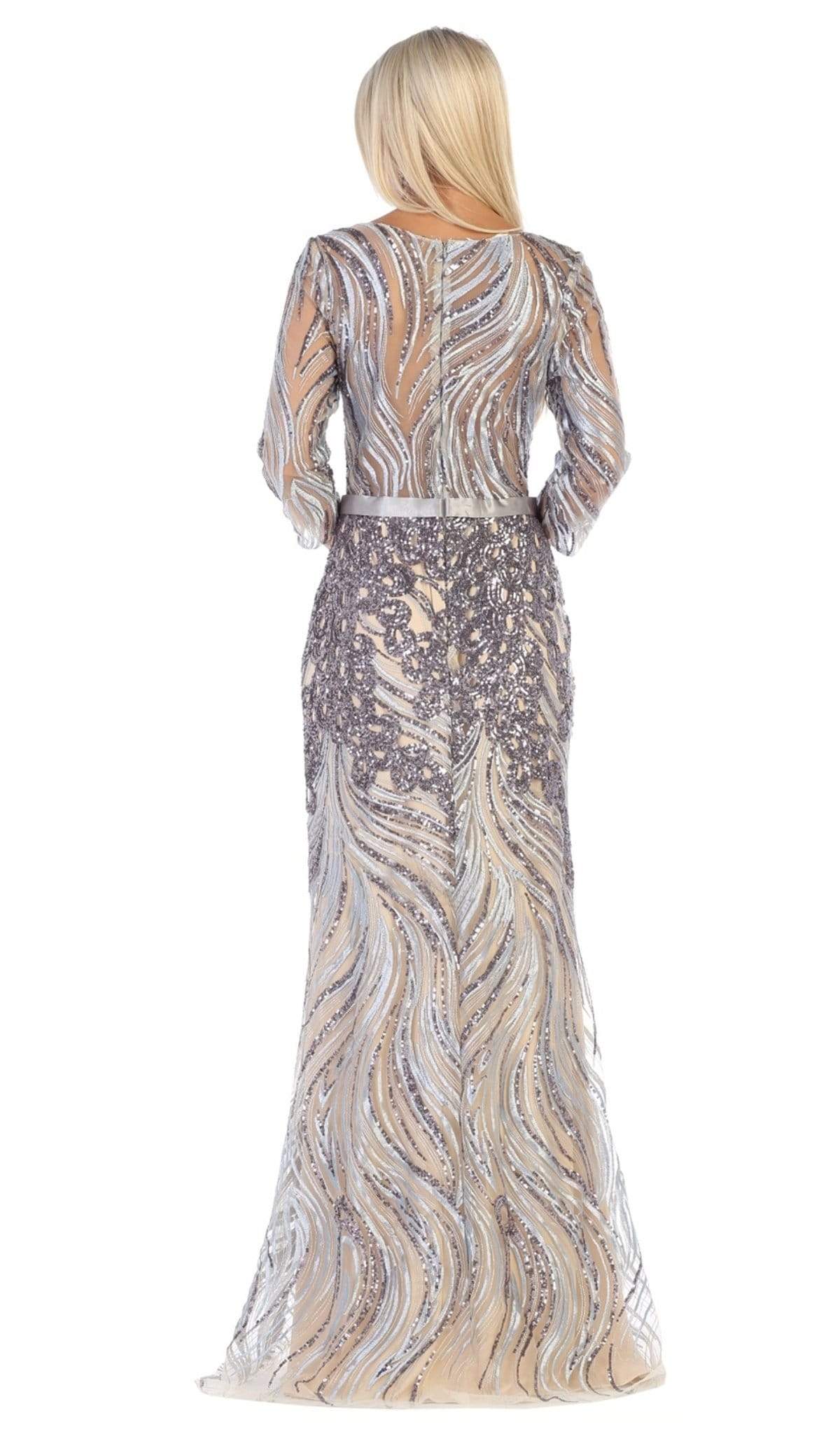 May Queen - RQ7686 Embellished Bateau Sheath Evening Dress In Silver/Multi