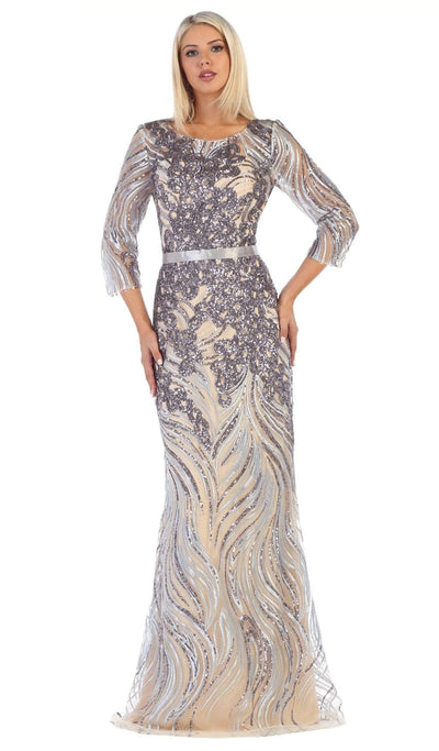 May Queen - RQ7686 Embellished Bateau Sheath Evening Dress In Silver/Multi