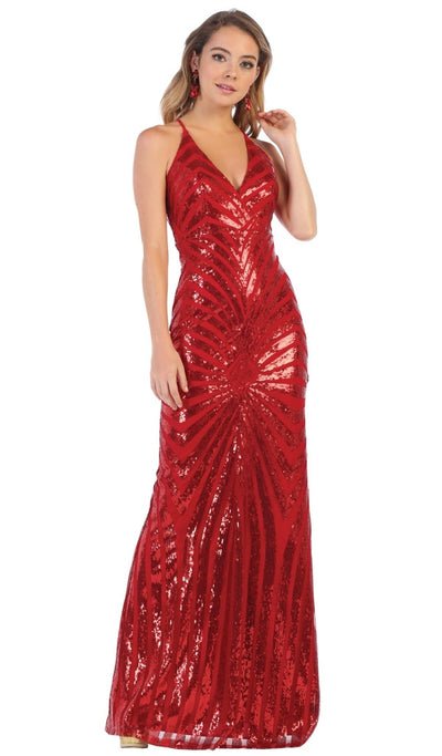 May Queen - RQ7695 Embellished Plunging V-neck Sheath Dress In Red