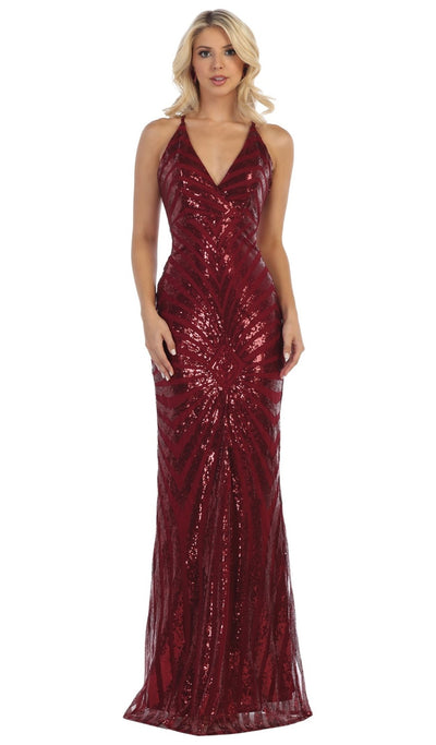 May Queen - RQ7695 Embellished Plunging V-neck Sheath Dress In Red