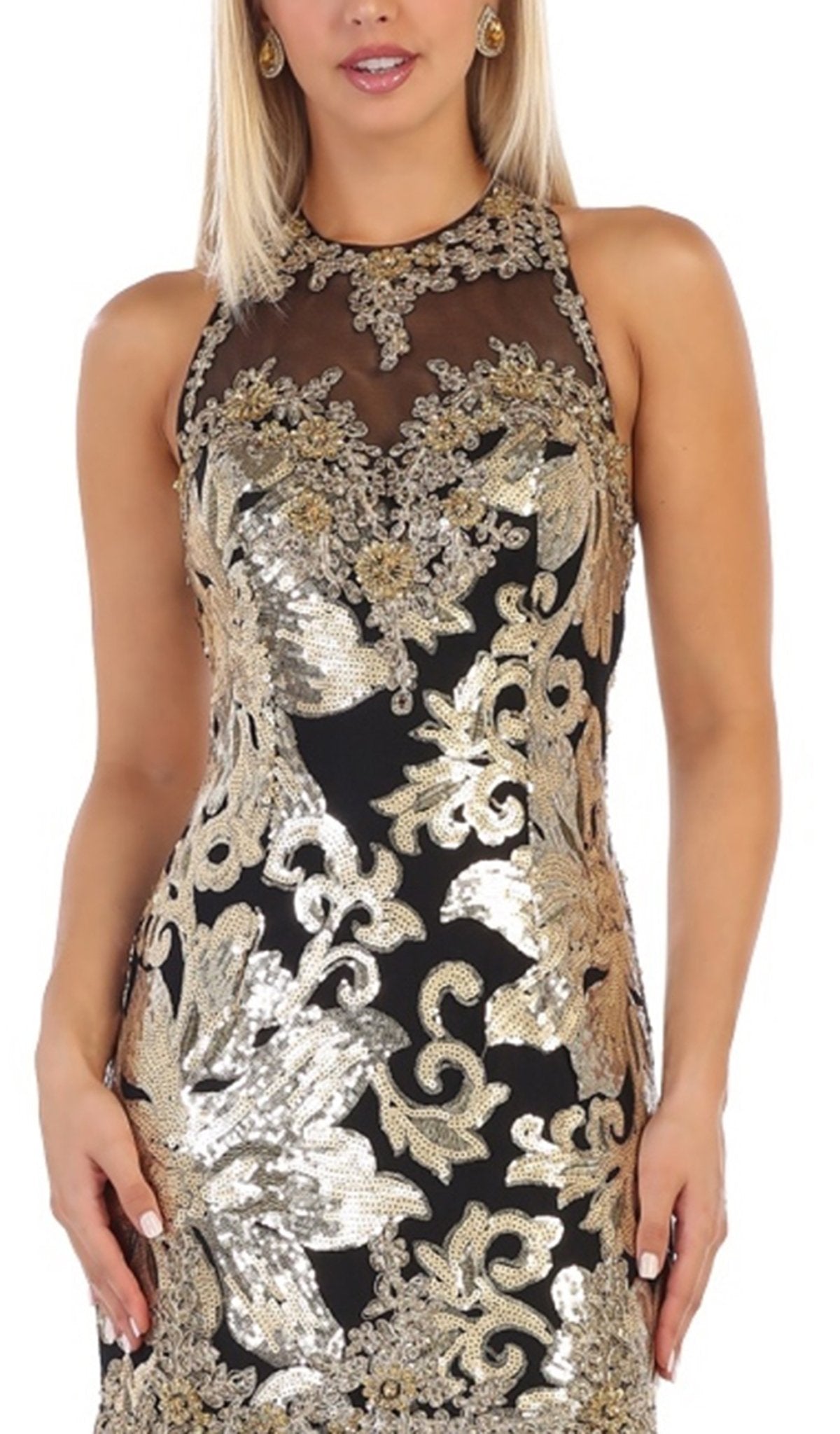 May Queen - RQ7698 Sequin Embroidered Halter Gown In Black and Gold