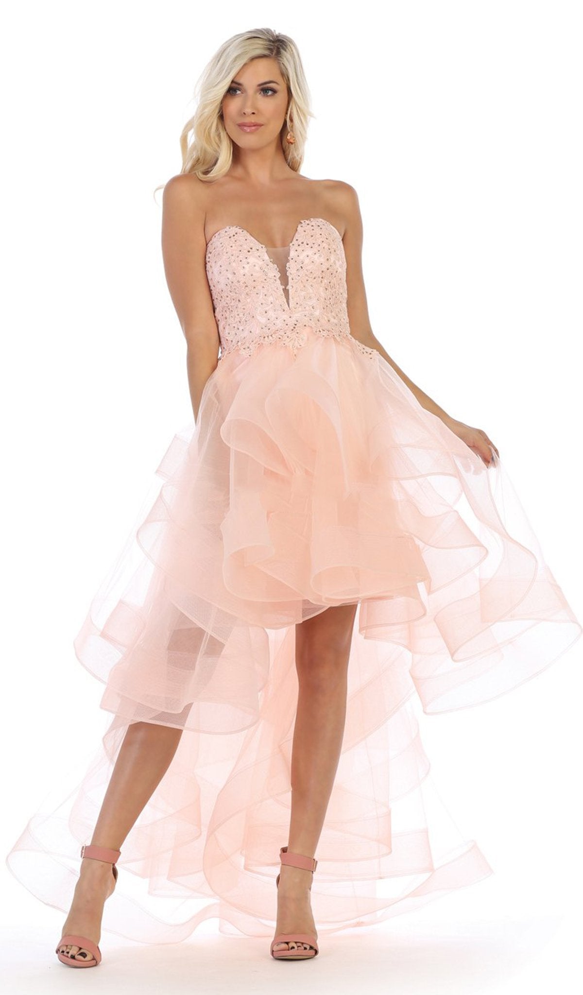 May Queen - RQ7716 Strapless Lace Appliqued High Low Gown In Pink