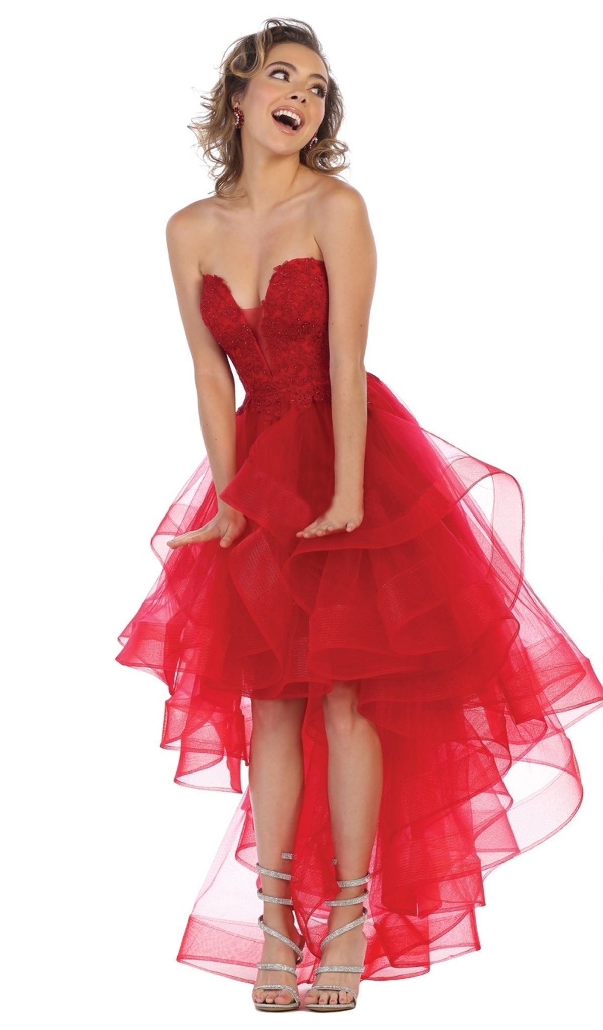 May Queen - RQ7716 Strapless Lace Appliqued High Low Gown In Red