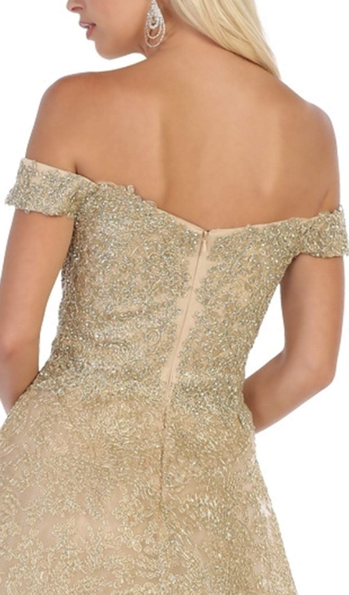 May Queen - RQ7722 Embellished Off-Shoulder A-line Dress In Gold