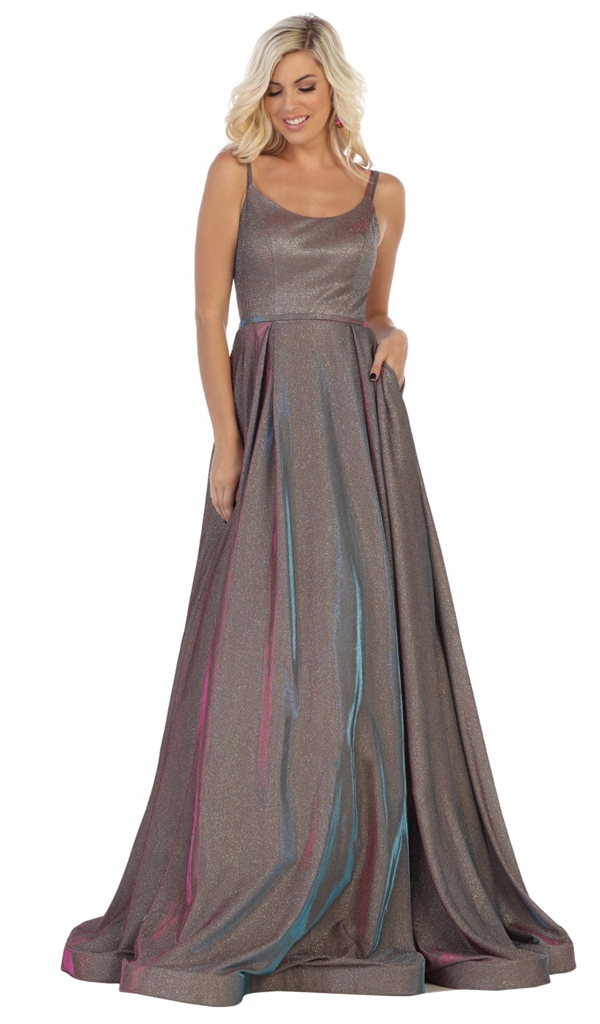 May Queen - RQ7726 Scoop Pleated A-Line Evening Gown In Gray and Multi-Color