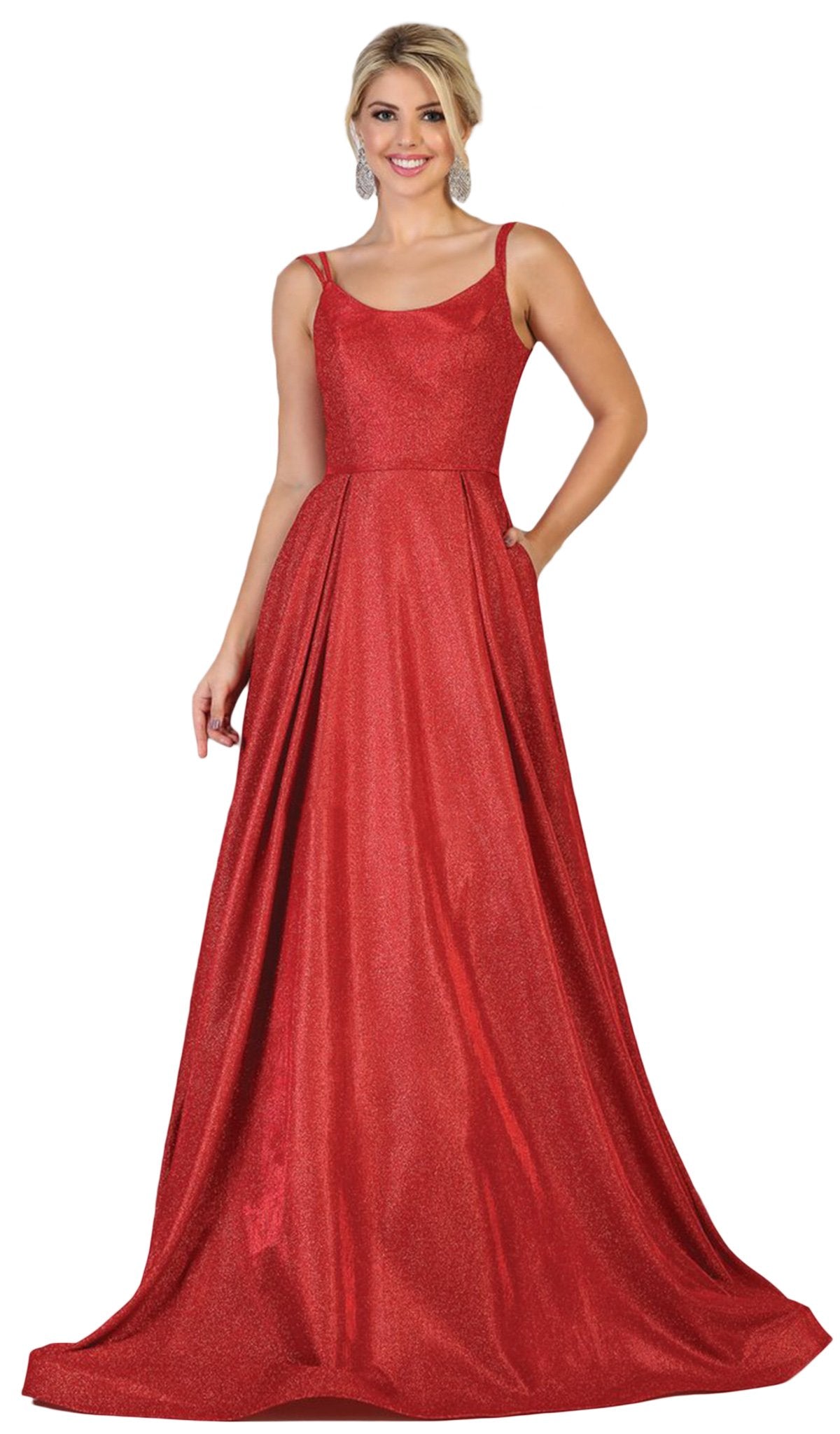 May Queen - RQ7726 Scoop Pleated A-Line Evening Gown In Red and Multi-Color