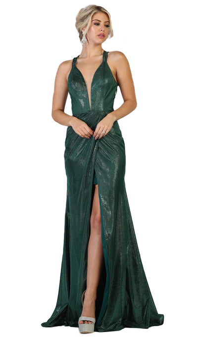 May Queen - RQ7727 Deep V-neck Trumpet Dress With Train In Green