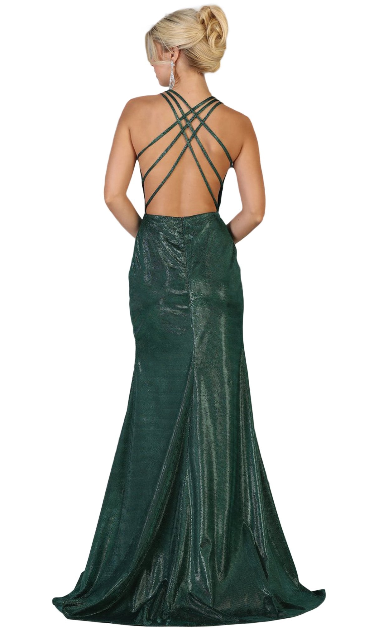 May Queen - RQ7727 Deep V-neck Trumpet Dress With Train In Green