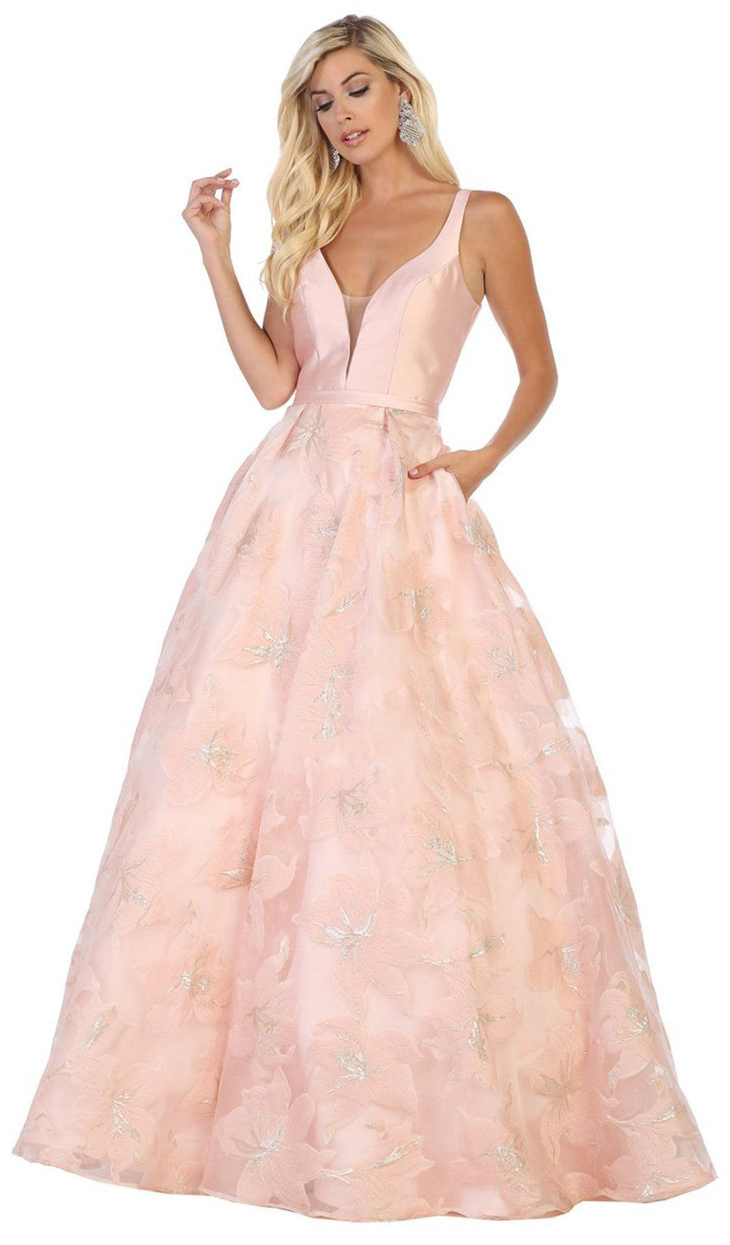 May Queen - RQ7730 Plunging V-Neck Floral Ballgown In Pink