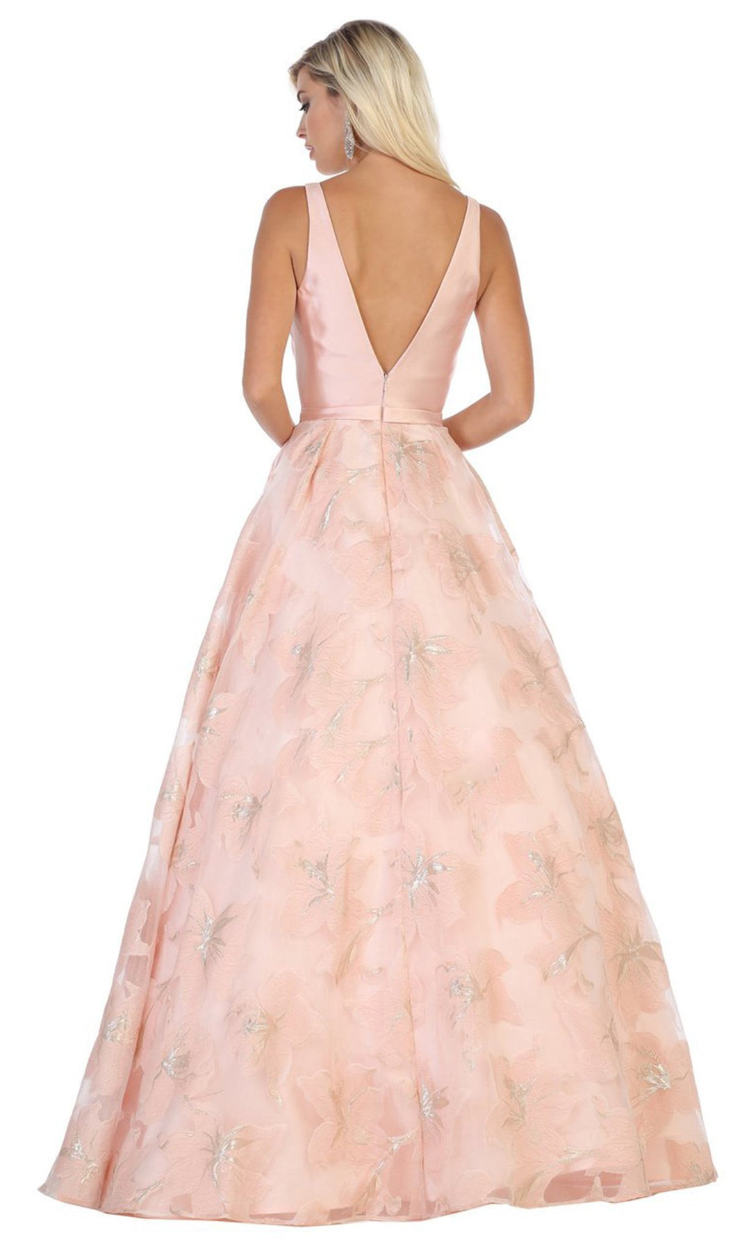 May Queen - RQ7730 Plunging V-Neck Floral Ballgown In Pink