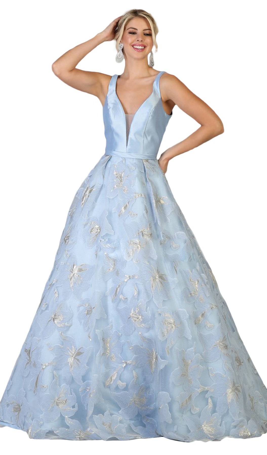 May Queen - RQ7730 Plunging V-Neck Floral Ballgown In Blue