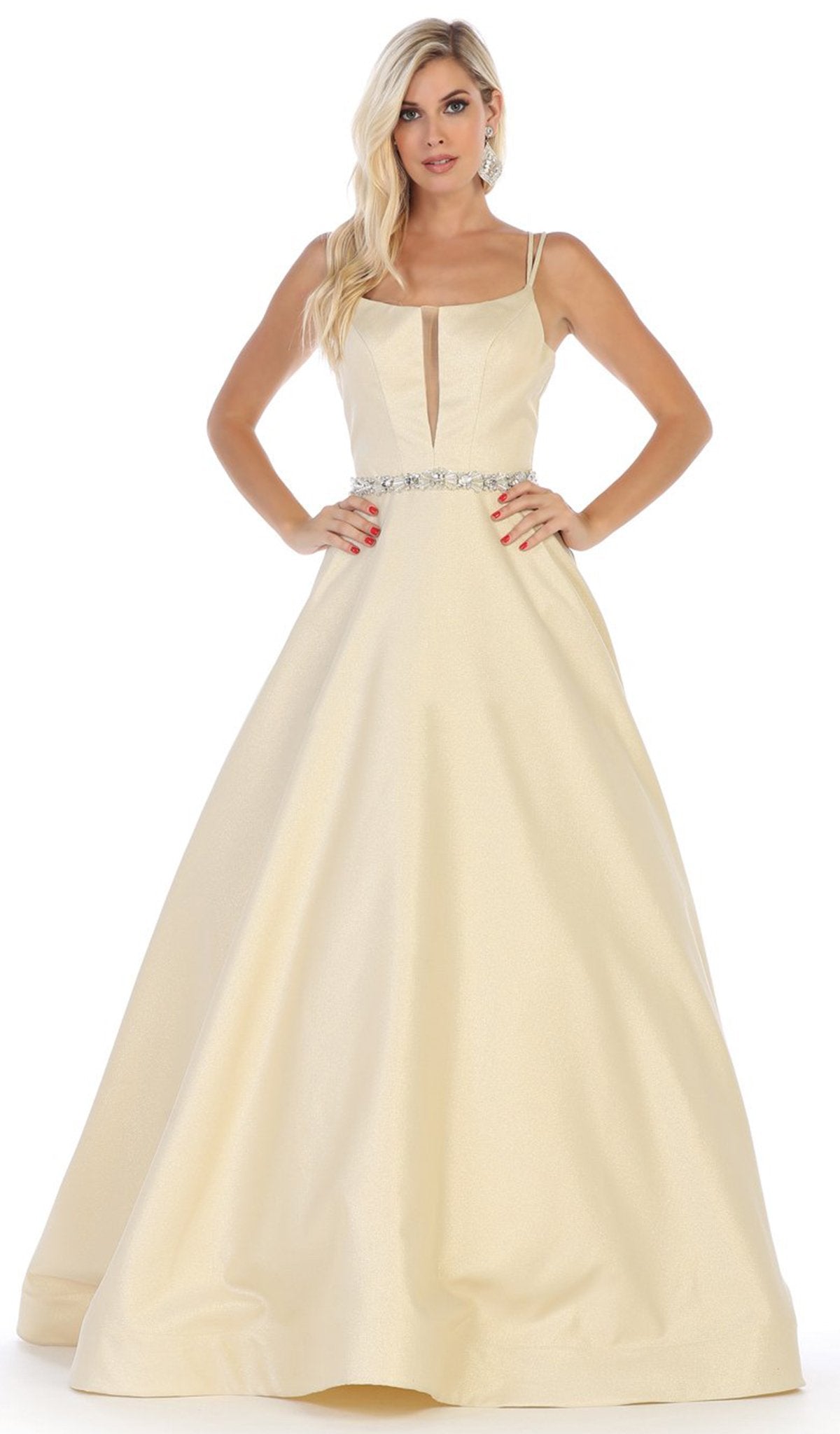 May Queen - RQ7734 Embellished Scoop Neck Ballgown With Strappy Back In Gold