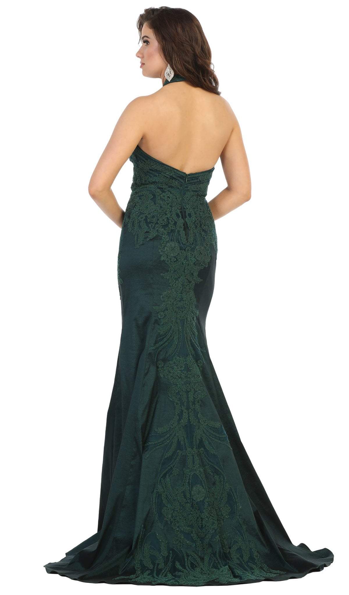 May Queen - RQ7743 Appliqued Halter Mermaid Gown In Green