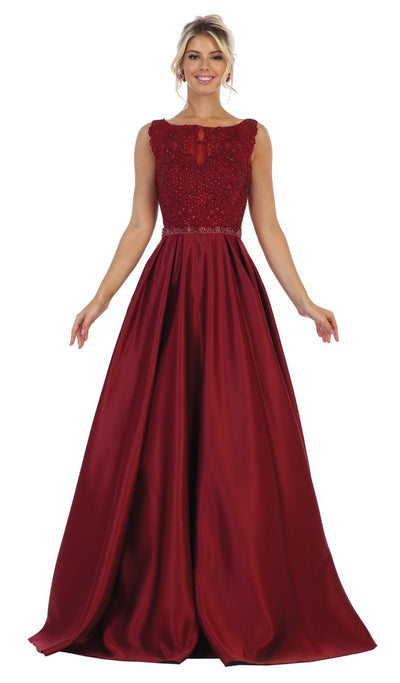 May Queen - RQ7744SC Lace Bodice Beaded Waist A-Line Dress