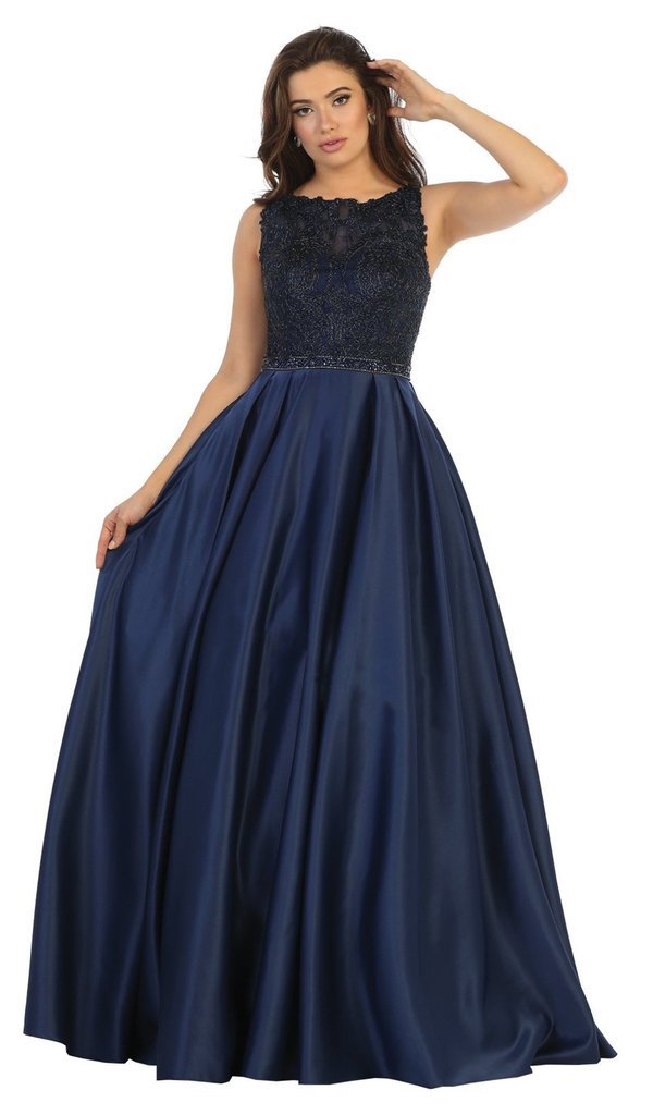 May Queen - RQ7744SC Lace Bodice Beaded Waist A-Line Dress