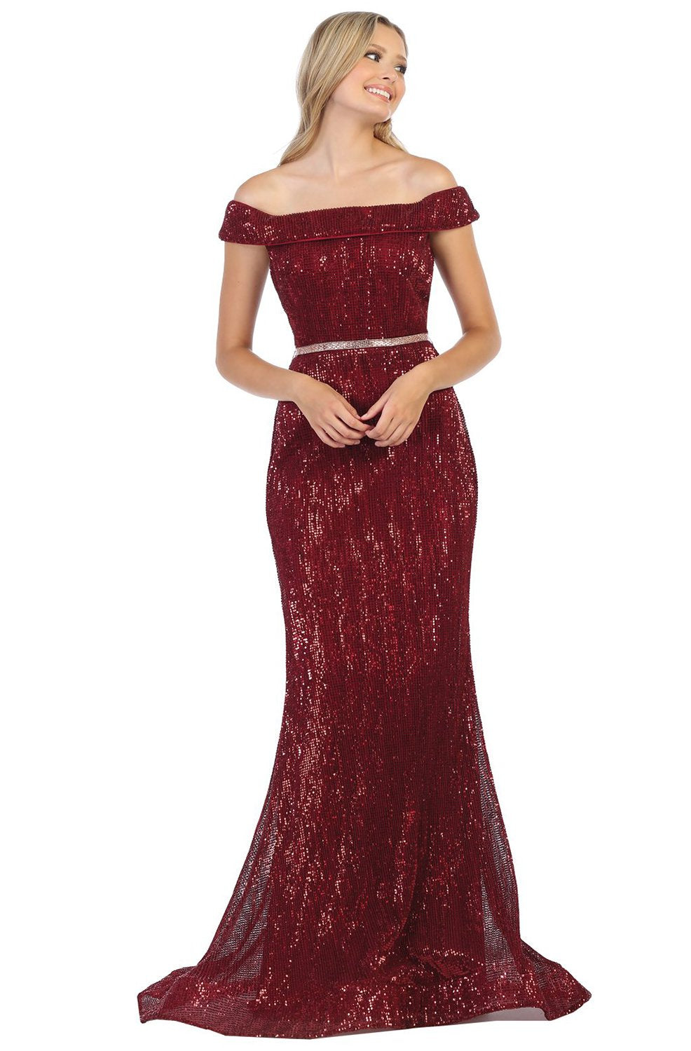 May Queen - RQ7799 Embellished Off-Shoulder Trumpet Dress In Red