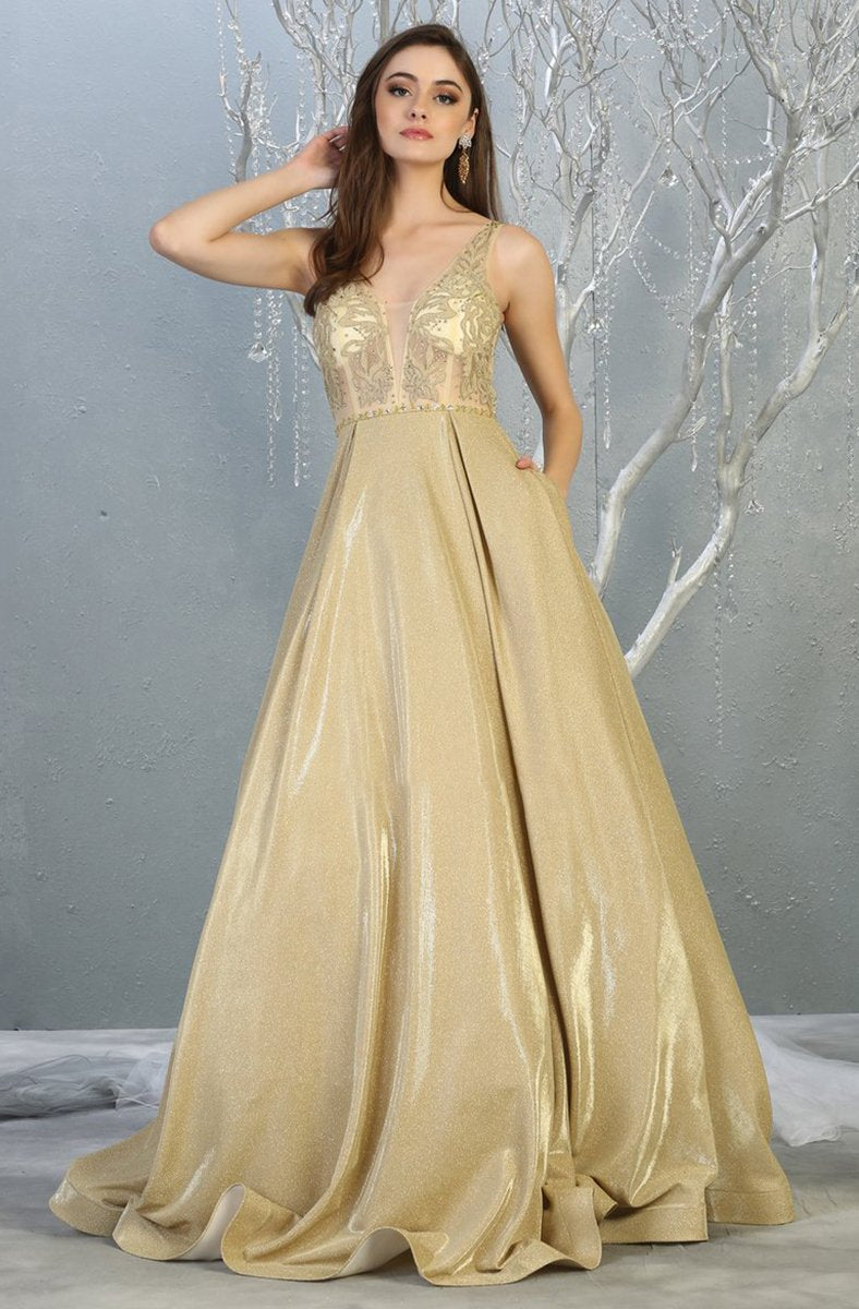 May Queen - RQ7847 Embroidered Deep V-neck A-line Dress In Gold