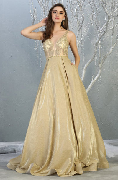 May Queen - RQ7847 Embroidered Deep V-neck A-line Dress In Gold