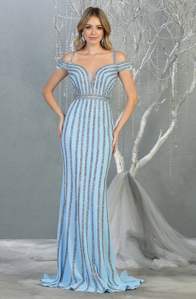 May Queen - Beaded Striped off Shoulder Evening Gown RQ7861 In Blue and Silver