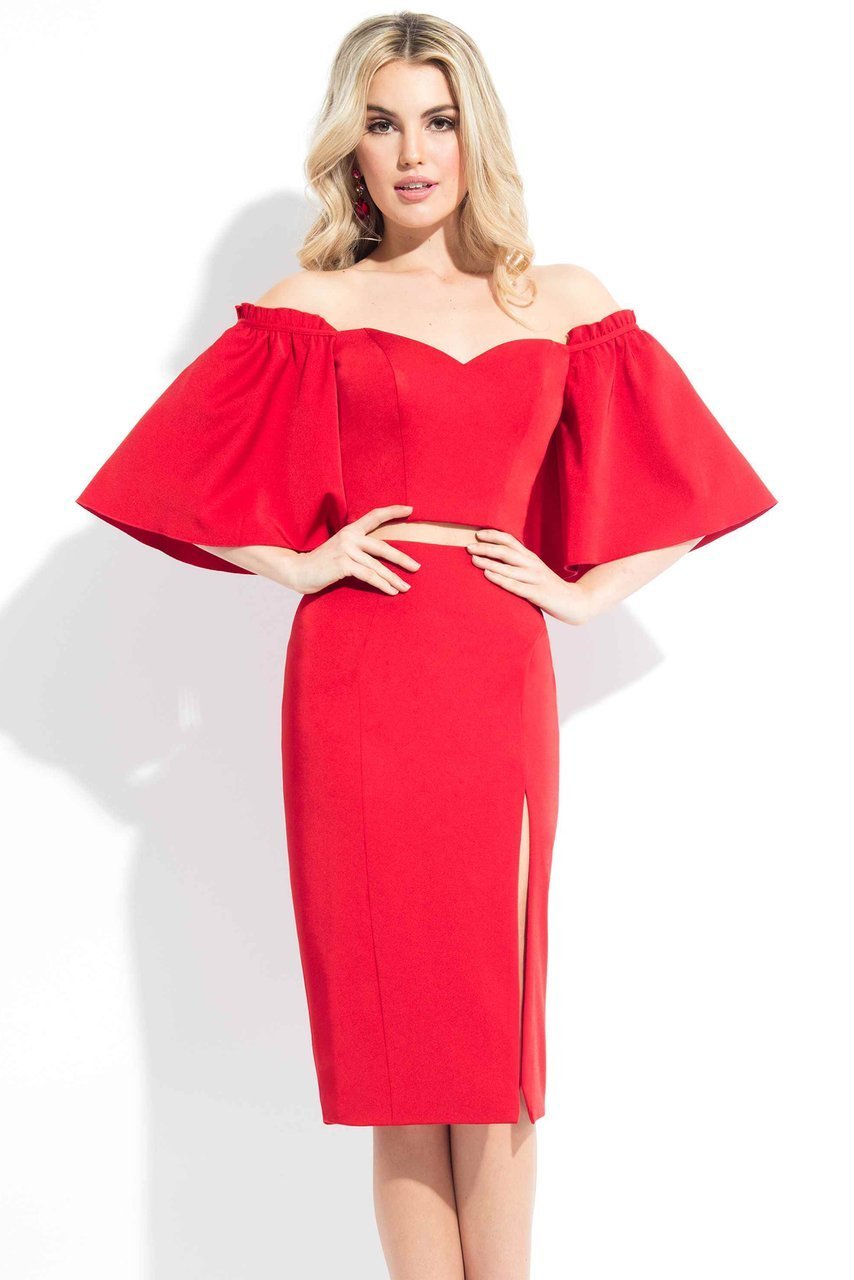 Rachel Allan LBD - L1085 Two-Piece Flared Sleeve Sheath Dress in Red