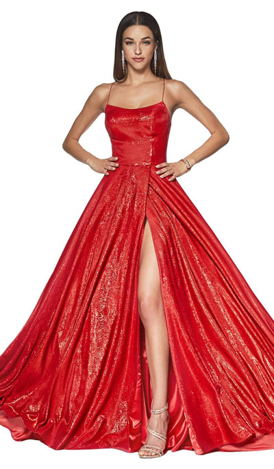 Cinderella Divine - CJ525 Corset Back Metallic High Slit Gown In Red