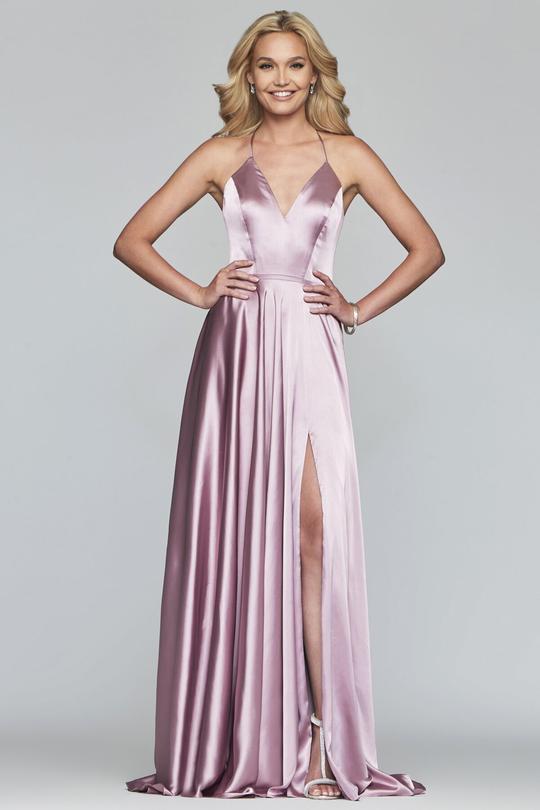 Faviana - S10209 Lace Up Back Satin V Neck Dress in Pink