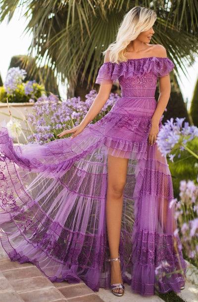 Tarik Ediz - 50777 Ruffle Off Shoulder Sheer High-Low Dress Evening Dresses 0 / Purple