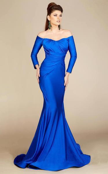 MNM COUTURE - S0003A Long Sleeve Off-shoulder Mermaid Dress in Blue
