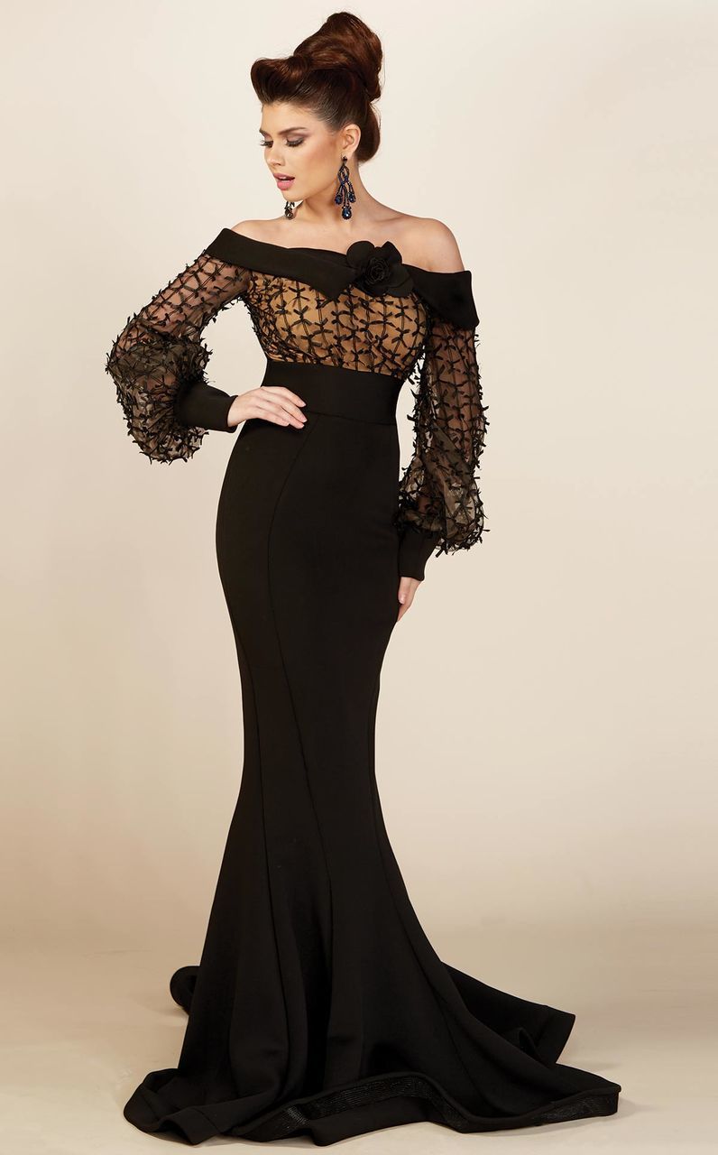 MNM COUTURE - S0006L Bell Sleeve Ribbon Detailed Mermaid Gown In Black
